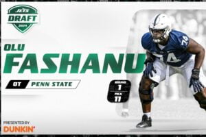 Jets drop one spot to No. 11 and choose Penn State tight end Olu Fashanu with their first draft choice.